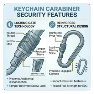 Technical illustration highlighting the enhanced security and safety features of a keychain carabiner locking.