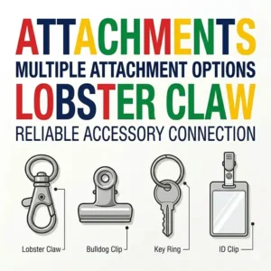 A breakaway neck lanyard displaying multiple attachment types including lobster claw and bulldog clips.