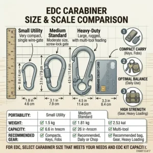A size and scale chart comparing different versions of the best edc carabiner against a credit card.