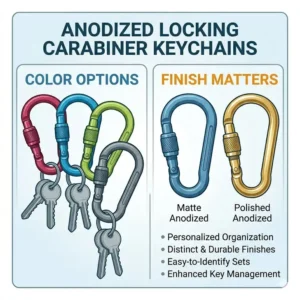 A display of various anodized color options available for a stylish keychain carabiner locking.