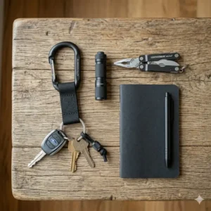 A minimalist everyday carry (EDC) setup featuring a carabiner keyring with strap, pocket tool, and flashlight.