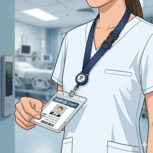A nurse in a hospital setting using a break away lanyard and id holder with a retractable badge reel.