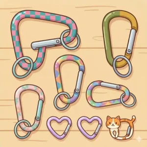 A set of fun carabiner clips in different sizes ranging from mini keychain hooks to larger utility clips.