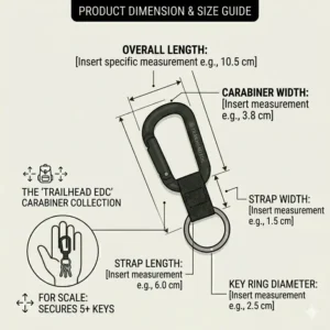 Dimensional chart showing the exact length and width of the carabiner keychain with strap.