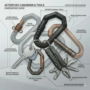 A technical diagram showing the dimensions and size of this stylish carabiner.
