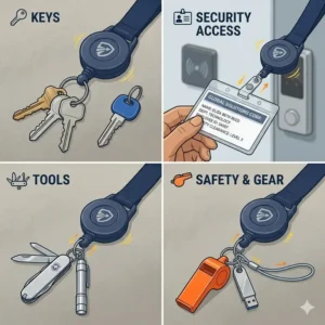 Multiple views showing different tools and keys attached to a breakaway lanyard with retractable reel.