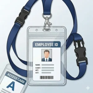 Illustration of a double-sided rigid card carrier used with a break away lanyard and id holder.