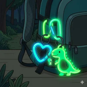 An illustration of neon glow-in-the-dark fun carabiner clips used for nighttime visibility and safety.