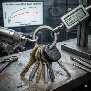 A practical automotive application showing a heavy set of car keys secured by the strongest key ring for maximum safety.