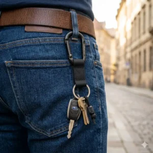 A person wearing a carabiner keyring with strap attached to a denim jean belt loop.