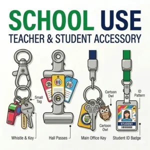 A patterned breakaway neck lanyard used for school keys and a student ID badge.