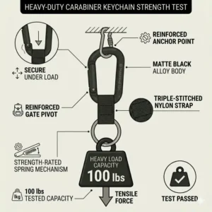 Infographic showing the weight load capacity and strength of the carabiner keychain with strap.