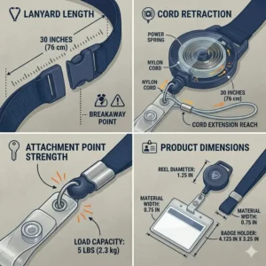 Technical infographic showing the 30-inch cord extension and dimensions of a breakaway lanyard with retractable reel.