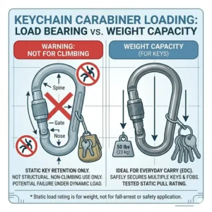 A load bearing and weight capacity chart for a non-climbing keychain carabiner locking used for keys.