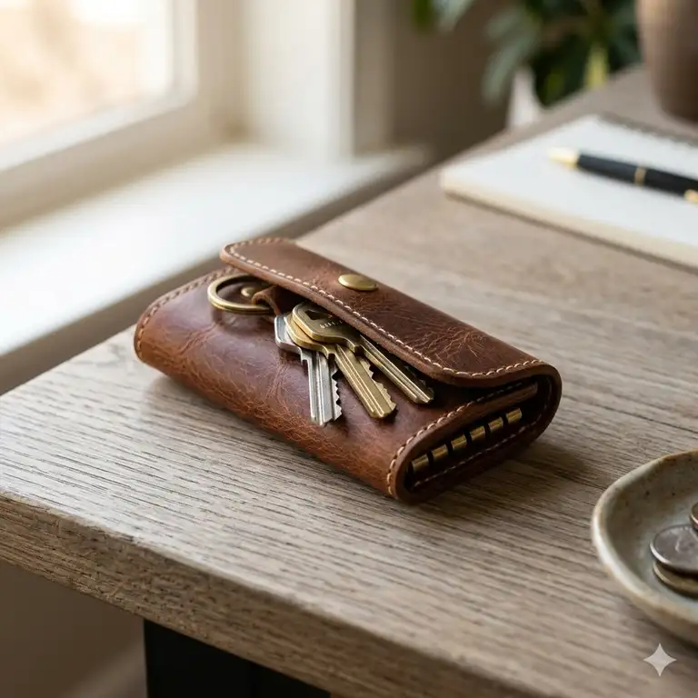 A premium brown leather key holder holding a set of keys on a minimalist wooden table.