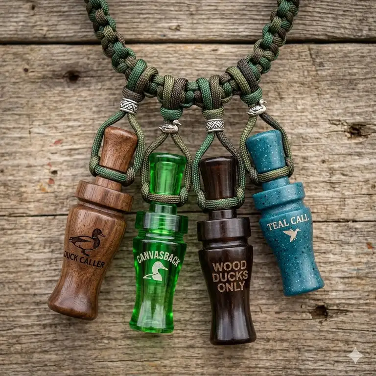 A premium paracord duck call lanyard with calls attached, laid out neatly on a rustic wooden background.