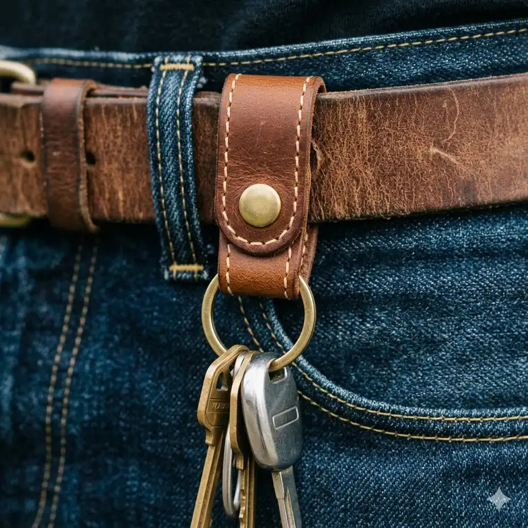 A person wearing a brown leather belt loop key holder with brass hardware attached to a denim waistband.