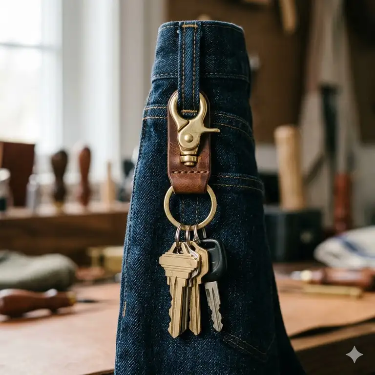 A premium leather key clip attached to a belt loop for stylish and organized key carry.