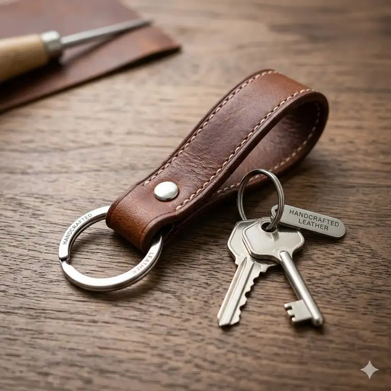 A premium handcrafted brown leather key chain displayed on a wooden surface.