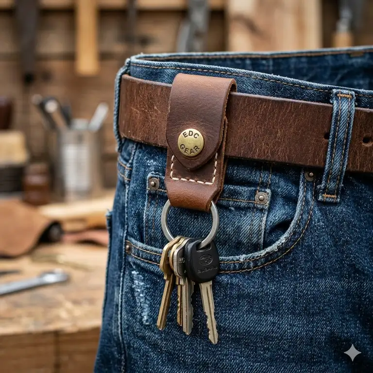 A premium brown leather belt key holder attached to a denim waistband securing a set of brass keys.