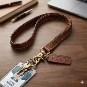 2: Close-up of the stitching and hardware on a handcrafted leather lanyard.