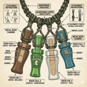 An illustrated anatomy diagram of a custom duck call lanyard with calls, highlighting the drop loops and swivel clips.