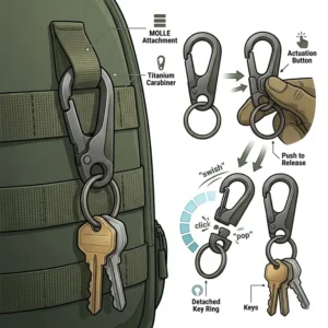 Heavy-duty tactical carabiner key clip secured to a rugged outdoor backpack.