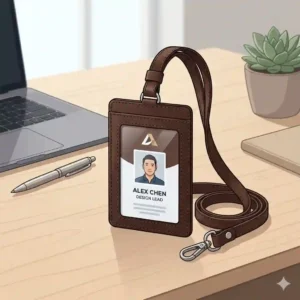 A detailed diagram highlighting the stitching, card slots, and heavy-duty clip of a leather badge holder.