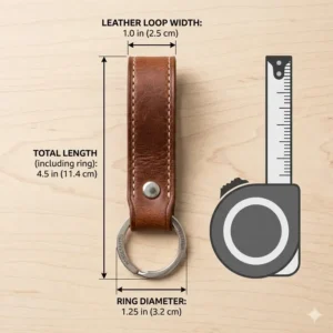 Diagram showing the exact dimensions and scale of a standard leather key chain.