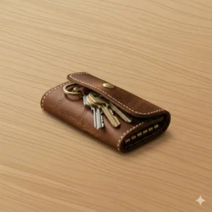 An instructional illustration showing the internal dimensions and assembly of a compact leather key holder.
