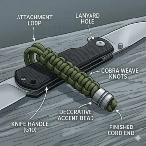 Labeled diagram showing the anatomy of a knife lanyard, highlighting the loop, decorative knotting, accent beads, and the attachment point on a knife handle.