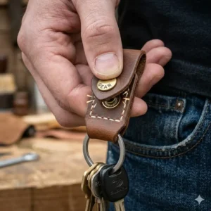 Close-up of a heavy-duty metal snap button on a black belt key holder being fastened.