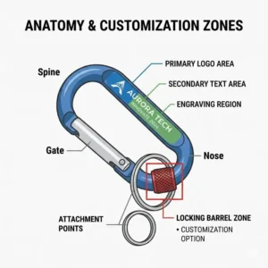 Technical illustration of a custom carabiner showing the spine area used for personalized engraving and branding.
