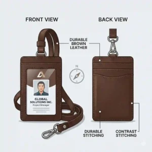 Front and back view of a black leather badge holder showing the clear ID window and extra credit card slots.