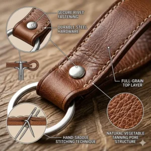 Close-up illustration of the high-quality stitching on a full-grain leather key chain.
