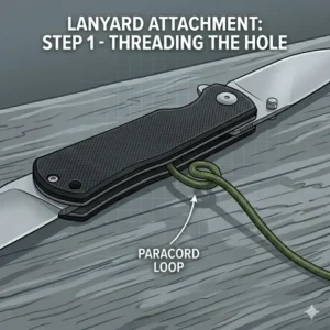 Step-by-step illustration showing a loop of 550 paracord being threaded through the lanyard hole of a folding pocket knife lanyard attachment point.