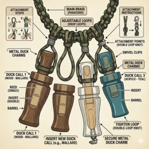 A step-by-step instructional graphic showing how to attach an additional device to a duck call lanyard with calls safely.