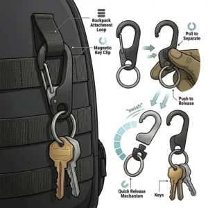 A quick release magnetic key clip showing the convenient detachment for easy access.