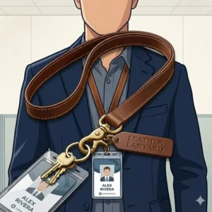 3: A professional leather lanyard holding a standard corporate ID badge.