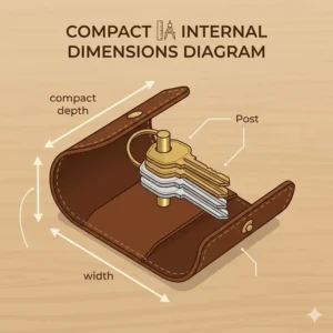 A stylized illustration showcasing a leather key holder in black, tan, and navy blue color options.