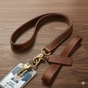 A durable brown full-grain leather lanyard resting on a wooden desk.