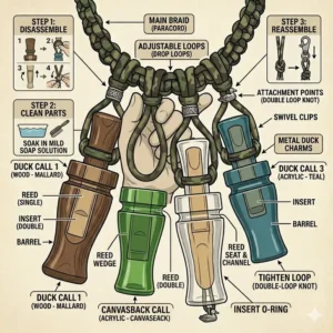 A detailed maintenance infographic demonstrating how to clean and dry a camo duck call lanyard with calls after hunting.