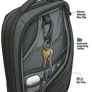 Interior view of a professional work bag featuring an integrated key clip for organization.