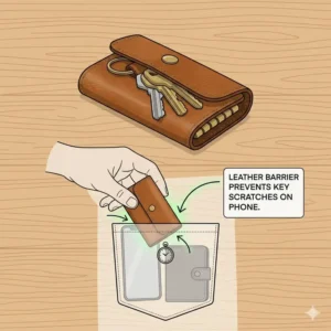 An illustration demonstrating how a leather key holder prevents keys from scratching a smartphone inside a pocket.