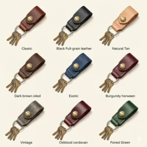 A collection of belt key holder options in various leather colors including black, brown, and tan.