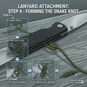 Graphic tutorial demonstrating how to tie a classic snake knot sequence to build a custom knife lanyard.