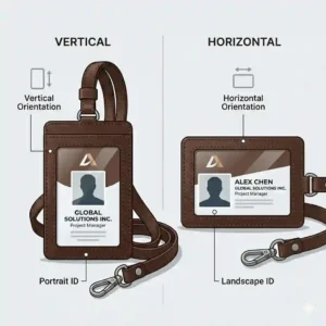 Side-by-side illustration of vertical and horizontal leather badge holder styles for office use.