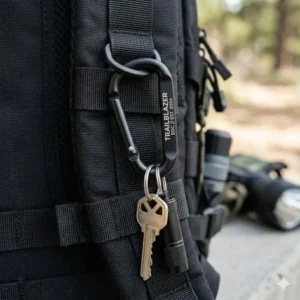 A matte black custom carabiner used as a functional keychain attached to a tactical backpack strap.