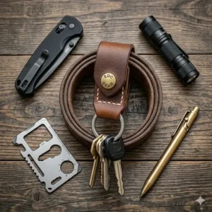 An everyday carry EDC arrangement featuring a pocket knife, flashlight, and a tactical belt key holder.