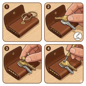 A step-by-step vector illustration showing how to insert keys into a screw-closure leather key holder.